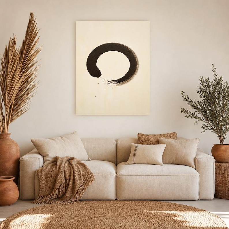 Charcoal Enso Zen Wall Art | Minimalist Ink Brush Circle Poster | Black Cream Meditation Print image 7