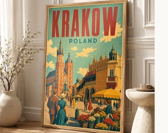 Krakow Travel Poster | Vintage Old Square Print | Poland Wall Art | Printed & Shipped