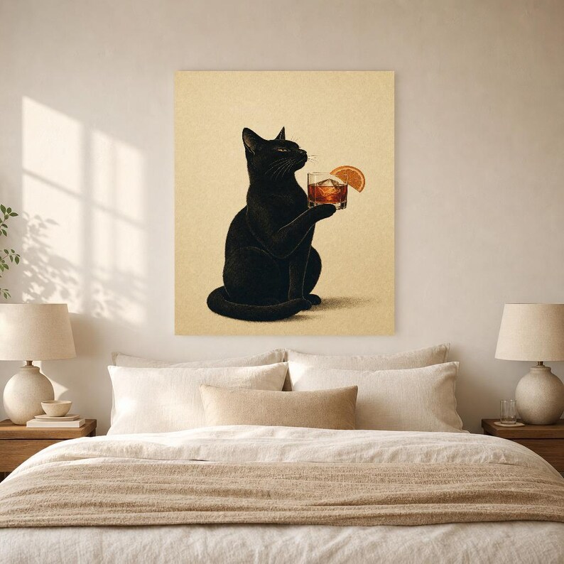 Black Cat Negroni Wall Art Print | Orange Slice Cocktail Poster | Bar Cart Print | Funny Black Cat Club Decor image 6