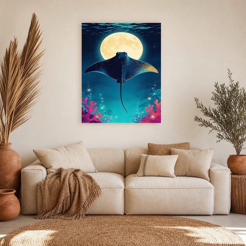 Bioluminescent Manta Ray Poster | Deep Sea Ocean Bathroom Wall Art Print | Dark Coastal Night Print image 11