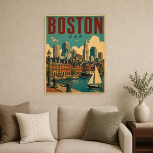 Boston Travel Poster | Vintage 1950s Skyline Harbor Print | Retro Massachusetts Wall Art Print | Mid Century City Decor image 9