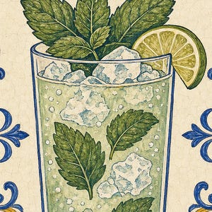 Płytka ścienna z koktajlem Mojito | Kubański plakat narodowy z napojami | Druk koszyka barowego Azulejo | Wystrój kuchni majolikowej zdjęcie 3