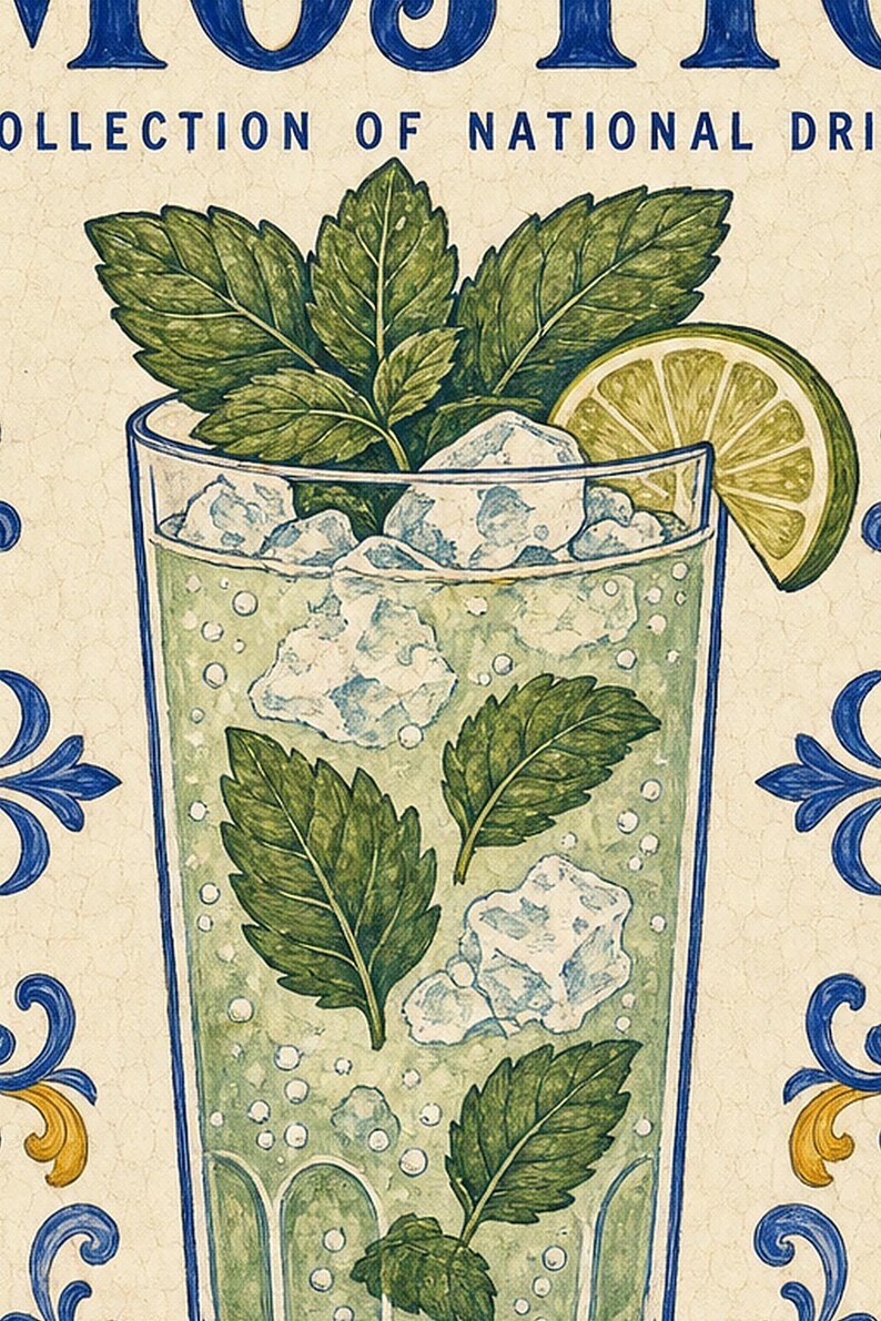 Płytka ścienna z koktajlem Mojito | Kubański plakat narodowy z napojami | Druk koszyka barowego Azulejo | Wystrój kuchni majolikowej zdjęcie 3