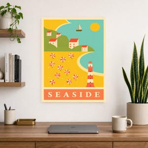 Zestaw grafik ściennych „Saffron Coastal Travel” | Plakat retro z plażą | Wydruk w galerii Seaside zdjęcie 8
