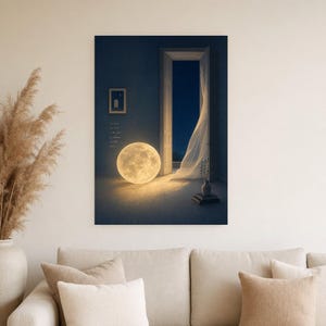 Impresión de arte de pared de luna surrealista ? Póster de dormitorio con paisaje de ensueño | Luna llena en una habitación Surrealismo suav imagen 4