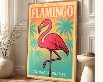 Flamingo Retro Poster | Vintage 70s Wall Art Print | Aesthetic Magazine Print | Mid Century Retro Decor Gift