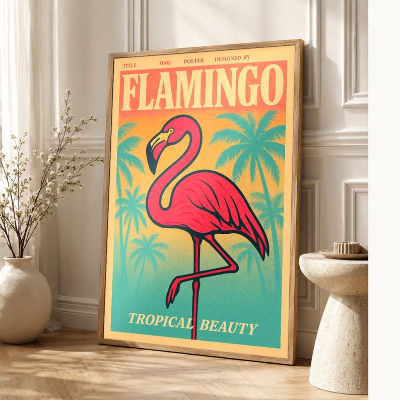 Flamingo Retro Poster | Vintage 70s Wall Art Print | Aesthetic Magazine Print | Mid Century Retro Decor Gift image 1