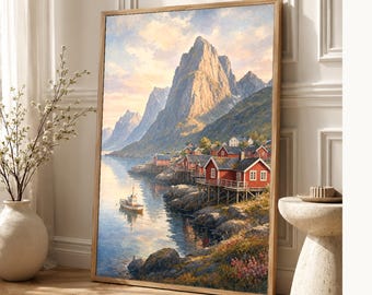 Lofoten Travel Poster | Soft Painting Norway Wall Art | Queen Fjord Fishing Village Print | Printed & Shipped