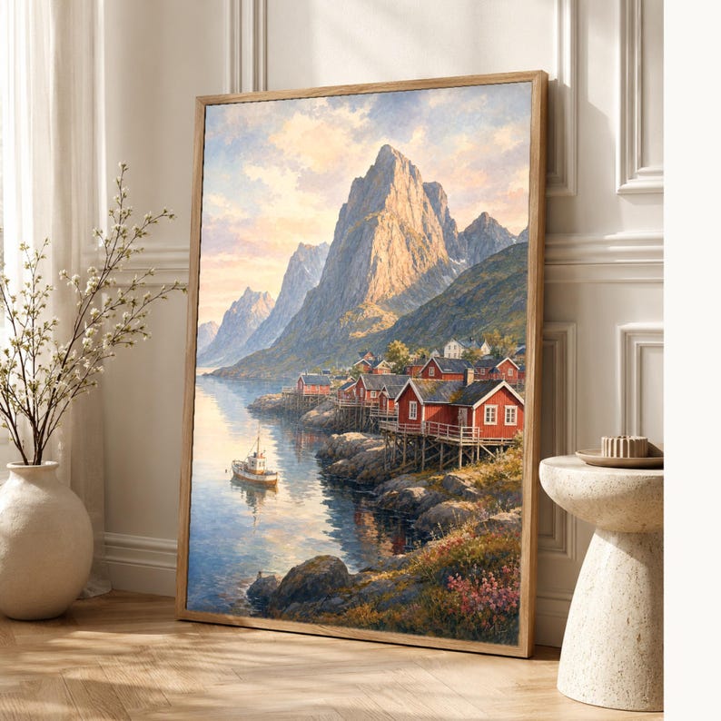 Lofoten Travel Poster | Soft Painting Norway Wall Art | Queen Fjord Fishing Village Print | Printed & Shipped image 1