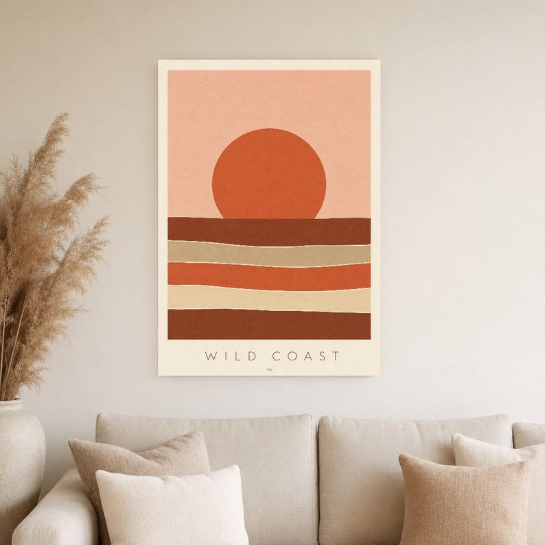 Rust Sun Coastal Cliffs Wall Art Print | Minimalist Named Sun Poster | Cut-Paper Mid-Century Print | Blush Boho Decor image 4