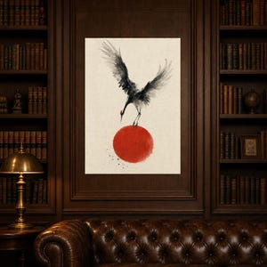 Impresión de grúa de sol rojo Arte de pared japonés | Pájaro de tinta descendente | Decoración del cartel Zen Wabi Sabi imagen 5