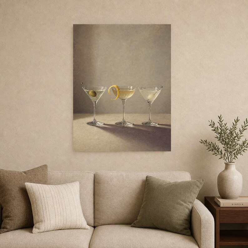 Arte de parede de produtos vidreiros Moody Martini | Do cocktail vida mínima ainda pôster | Impressão de decoração de carrinho de bar | Arte imagem 9