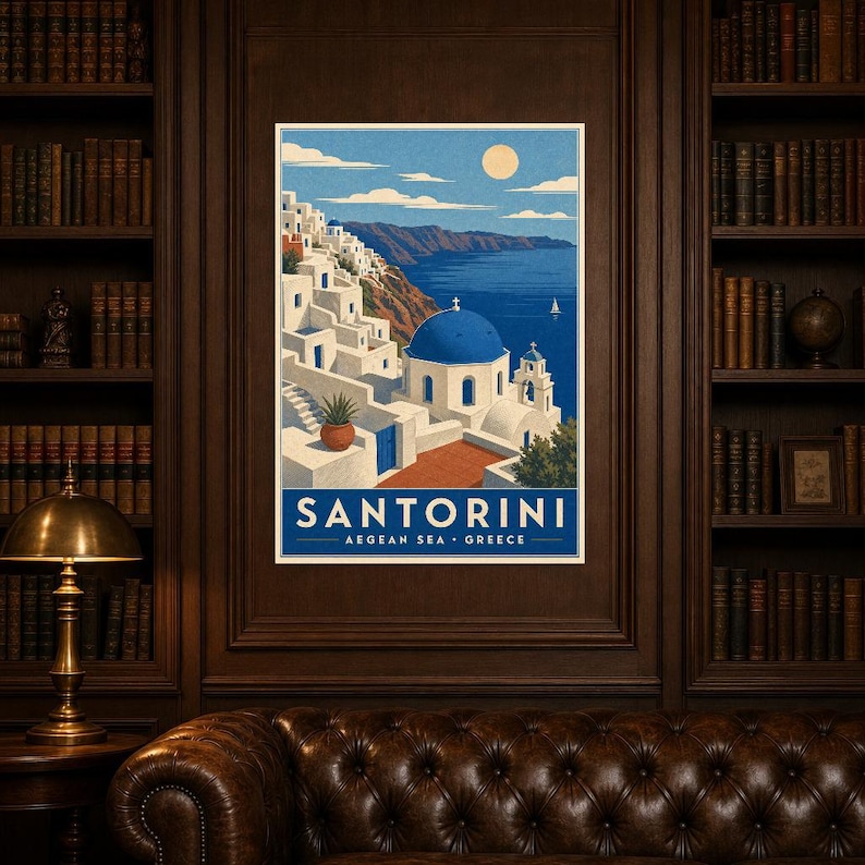 Cartel de viaje de Santorini | Arte de pared vintage de Grecia | Impresión de la Caldera del Egeo | Decoración costera azul blanca | Arte de imagen 5
