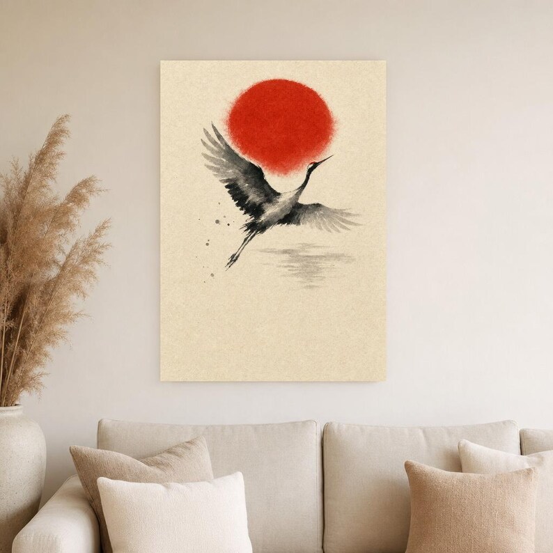Red Sun Japandi Wall Art Print | Sumi-e Ink Crane Print | Wabi Sabi Living Room Poster image 4