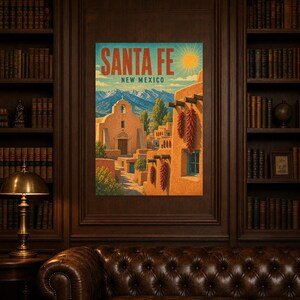 Santa Fe Travel Poster | Vintage Adobe Pueblo Print | New Mexico Wall Art Print | Mid Century City Decor image 4