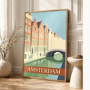 Amsterdam Vintage Travel Poster | Retro Netherlands City Art Print | Housewarming Gift Wall Decor image 1
