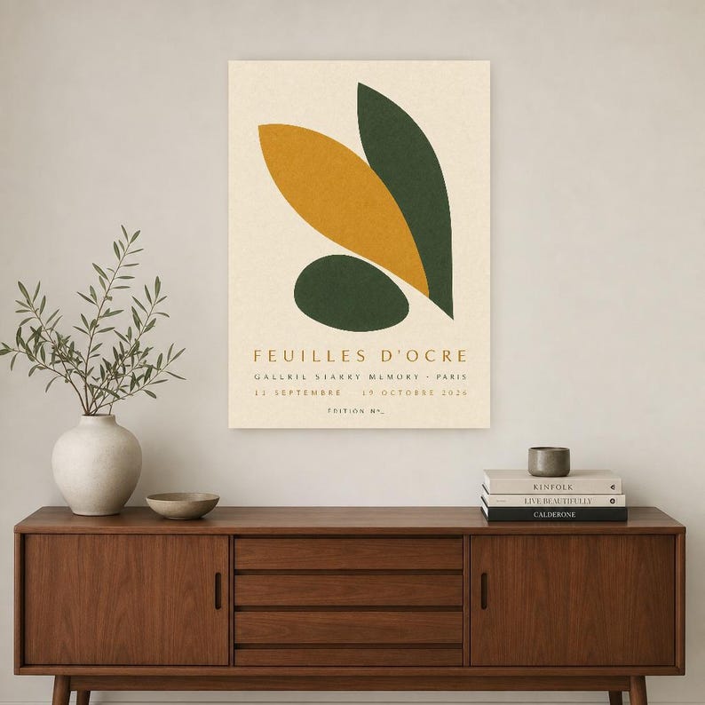 Ocher Leaves | Abstract Wall Art | Modern Gallery Poster | Ocher and Green Minimalist Print | Printed & Shipped image 2