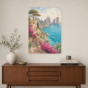 Pôster de Viagem para Capri | Pintura Suave para Parede | Arte Italiana | Impressão Costeira Mediterrânea com Faraglioni | Impresso e Enviado imagem 2