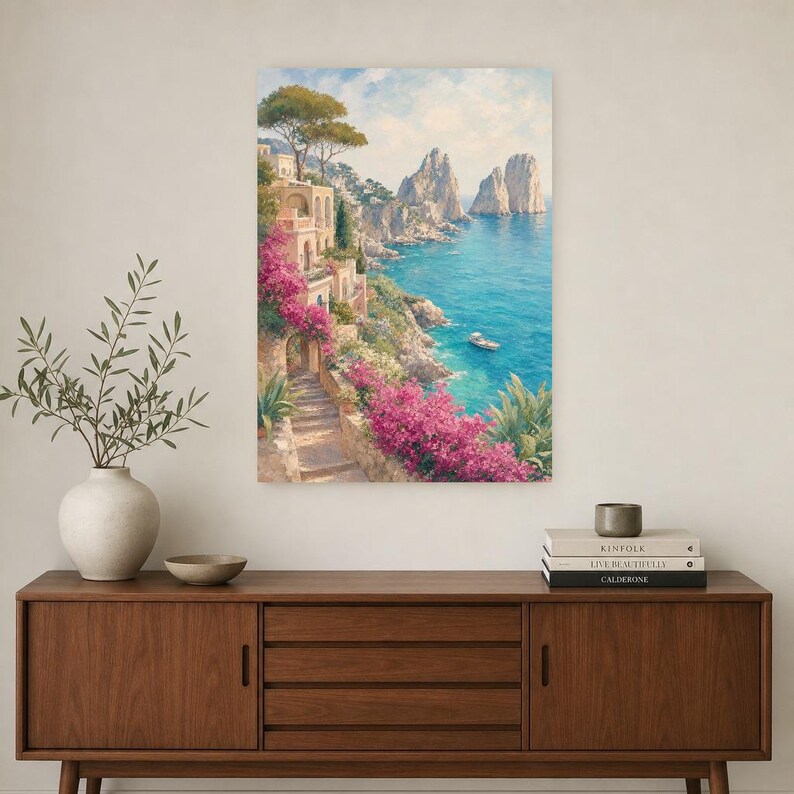 Pôster de Viagem para Capri | Pintura Suave para Parede | Arte Italiana | Impressão Costeira Mediterrânea com Faraglioni | Impresso e Enviado imagem 2