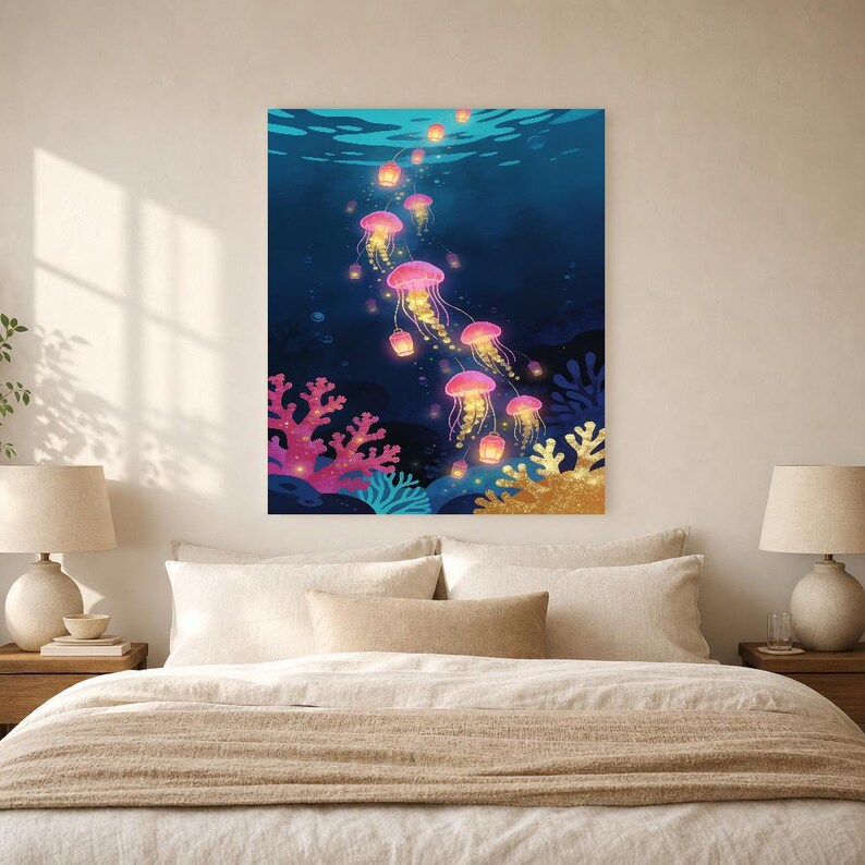 Bioluminescent Jellyfish Poster | Deep Sea Ocean Bathroom Wall Art Print | Dark Coastal Night Print image 6