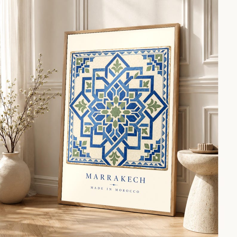 Marrakech Zellige Tile Wall Art Print | Moroccan Geometric Star Poster | Blue Green Maiolica Print | Boho Mediterranean Decor | Morocco Gift image 1