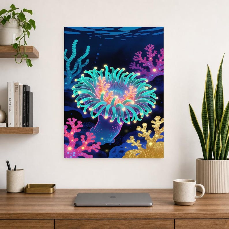 Bioluminescent Sea Anemone Poster | Deep Sea Ocean Bathroom Wall Art Print | Dark Coastal Night Print image 10