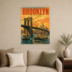 Pôster de viagem do Brooklyn | Impressão vintage da Ponte do Brooklyn dos anos 1950 | Impressão de arte de parede de Nova York | Decoração urbana de meados do século imagem 8