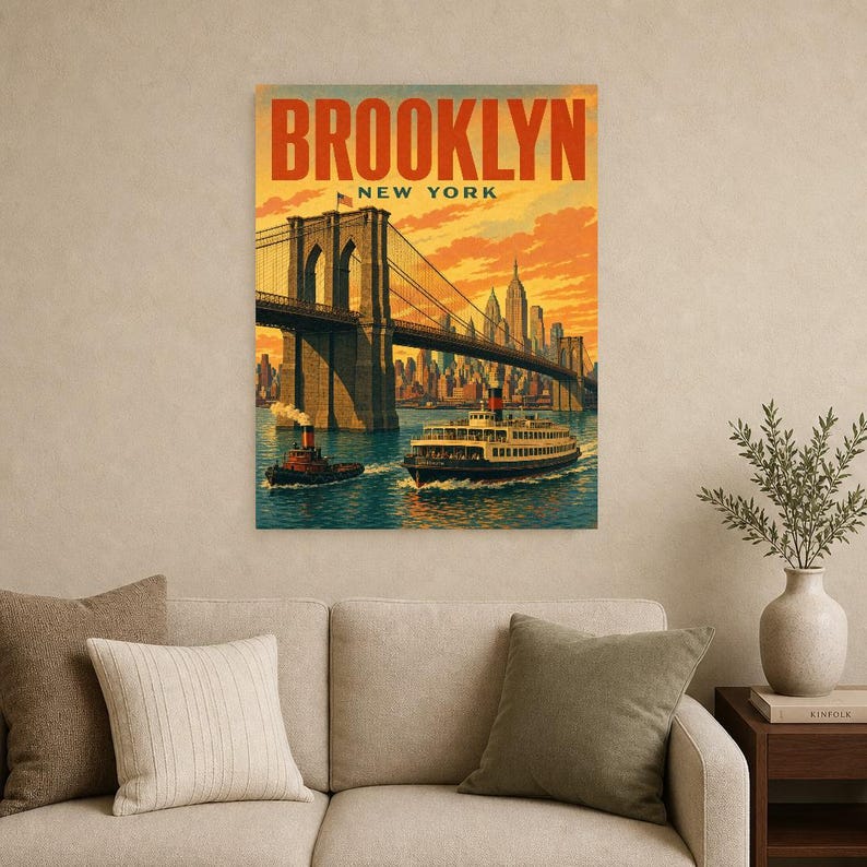 Pôster de viagem do Brooklyn | Impressão vintage da Ponte do Brooklyn dos anos 1950 | Impressão de arte de parede de Nova York | Decoração urbana de meados do século imagem 8