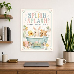 Impresión de arte de pared de baño para niños | Póster al ras del cepillo de lavado Splish Splash | Linda decoración del baño del cuarto de imagen 8