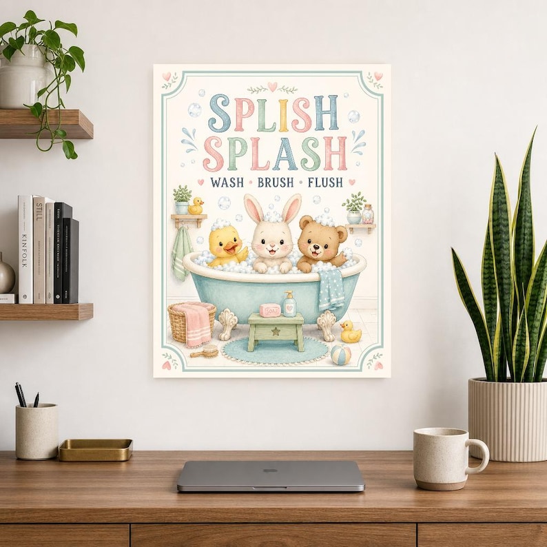 Impresión de arte de pared de baño para niños | Póster al ras del cepillo de lavado Splish Splash | Linda decoración del baño del cuarto de imagen 8