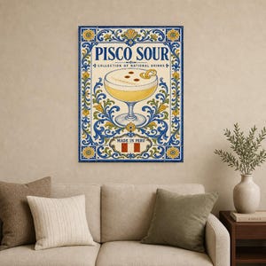 Pisco Sour Cocktail Tile Wall Art Print | Peru National Drink Poster | Azulejo Bar Cart Print | Maiolica Kitchen Decor image 9