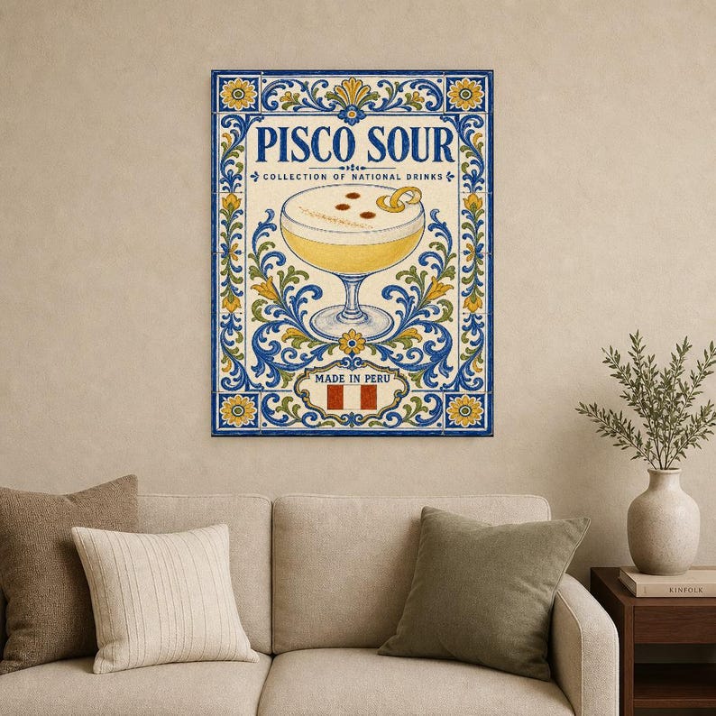 Pisco Sour Cocktail Tile Wall Art Print | Peru National Drink Poster | Azulejo Bar Cart Print | Maiolica Kitchen Decor image 9