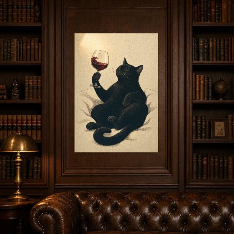 Schwarze Katze Wein Wandkunst | Rotweinglas Poster | Barwagen-Druck | Skurriles Noir Cat Club Küchendekor Bild 5