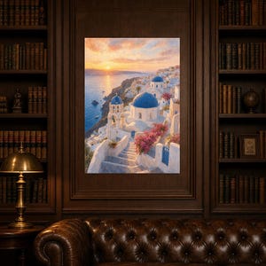 Póster de viaje de Santorini | Pintura suave para pared sobre Grecia | Lámina costera de las cúpulas azules de Oia | Impreso y enviado imagen 5