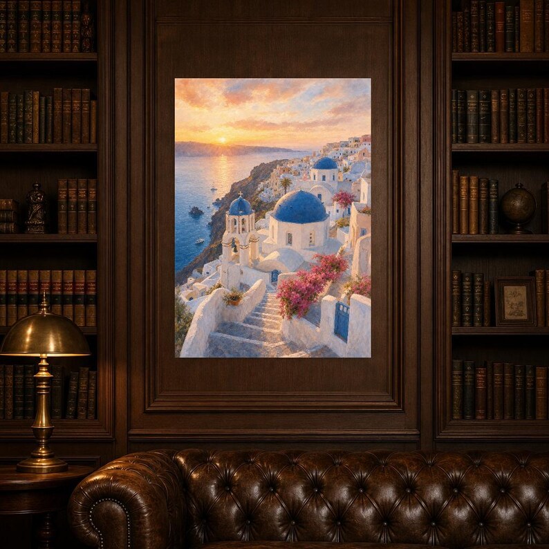 Póster de viaje de Santorini | Pintura suave para pared sobre Grecia | Lámina costera de las cúpulas azules de Oia | Impreso y enviado imagen 5