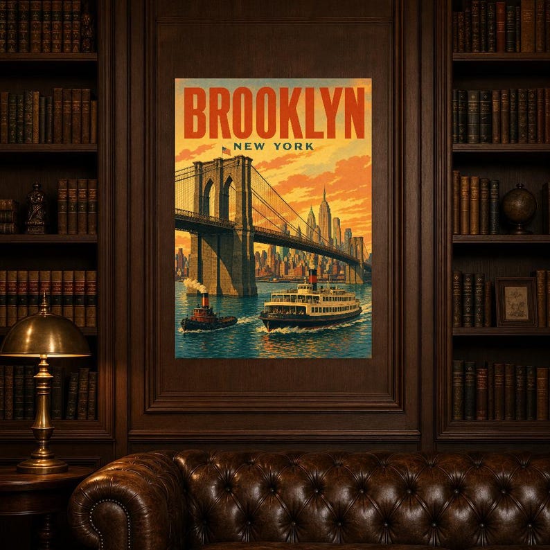 Pôster de viagem do Brooklyn | Impressão vintage da Ponte do Brooklyn dos anos 1950 | Impressão de arte de parede de Nova York | Decoração urbana de meados do século imagem 4