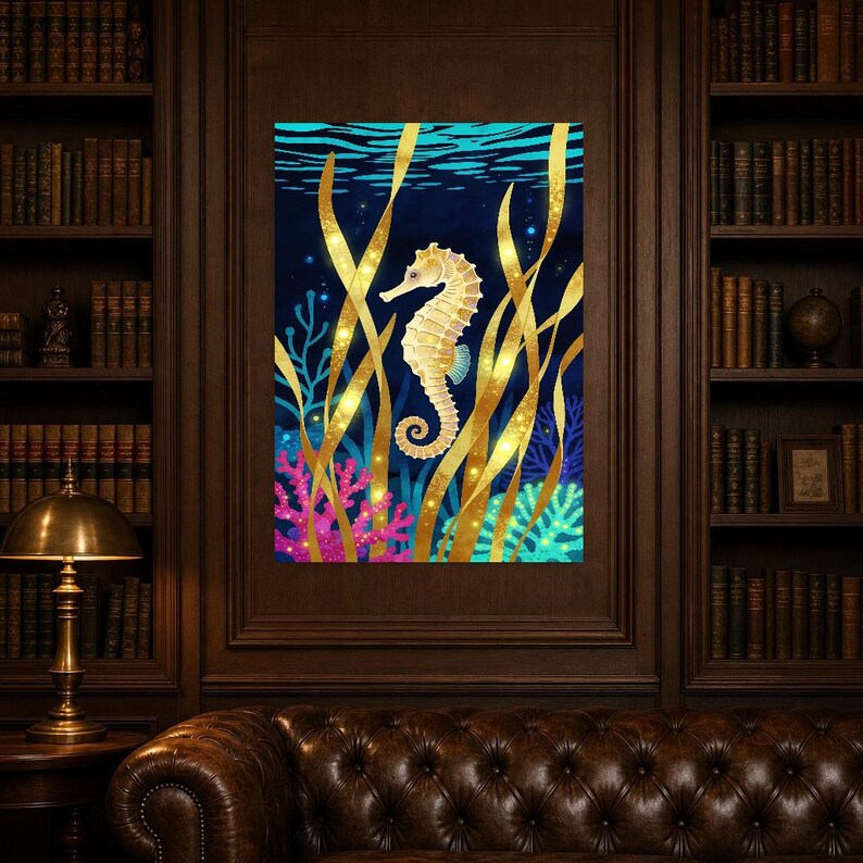 Biolumineszierendes Seepferdchen-Poster | Tiefsee-Ozean-Badezimmer-Wandkunstdruck | Dunkler Küstennachtdruck Bild 7