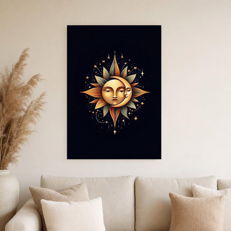 Celestial Sun and Moon Wall Art | Gold Mystical Face Poster | Boho Moon Phase Bedroom Print image 3
