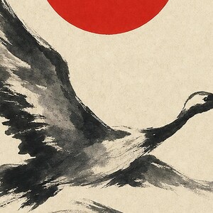 Impresión de grúa de sol rojo Arte de pared japonés | Dos grúas Sumi-e | Póster Dormitorio Wabi Sabi imagen 3