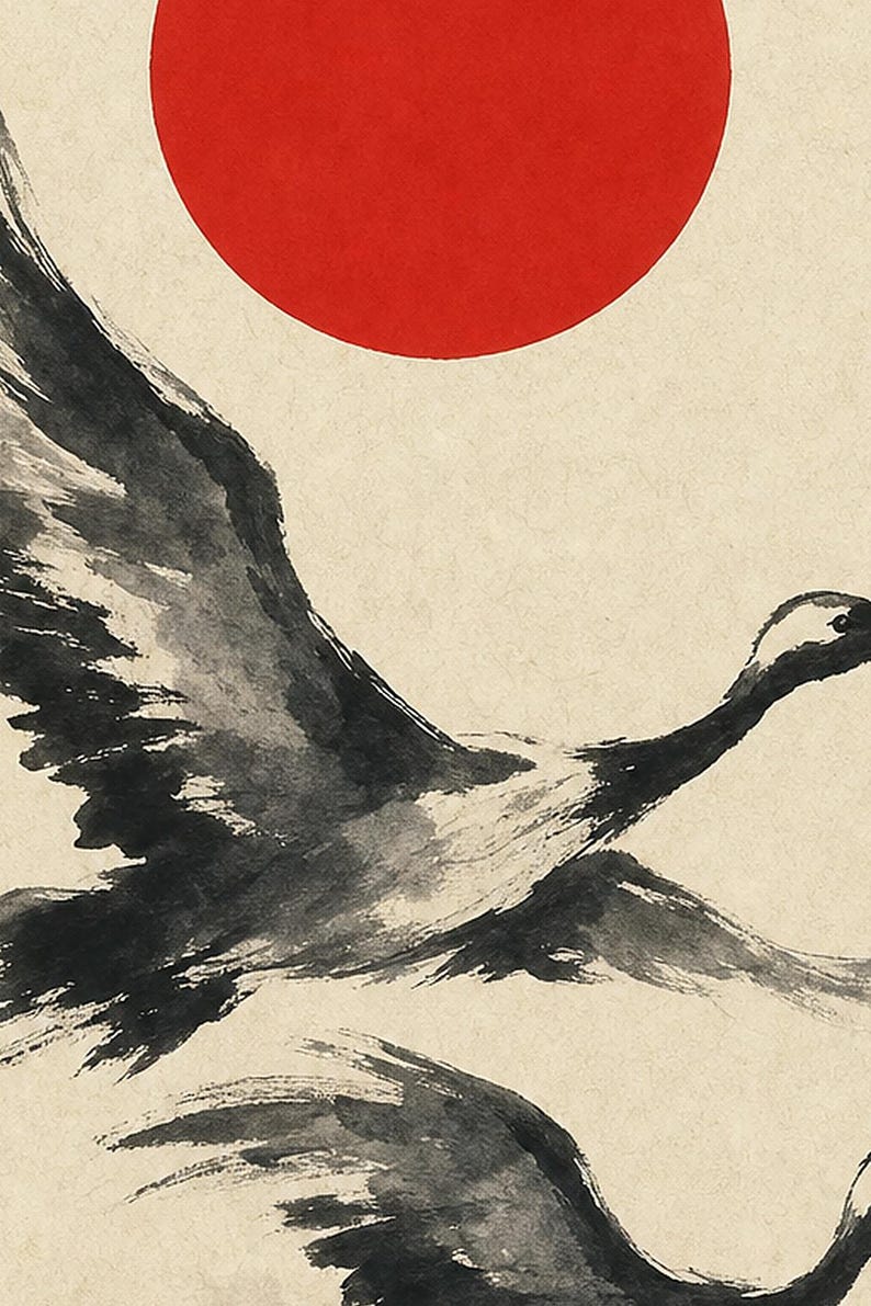 Impresión de grúa de sol rojo Arte de pared japonés | Dos grúas Sumi-e | Póster Dormitorio Wabi Sabi imagen 3