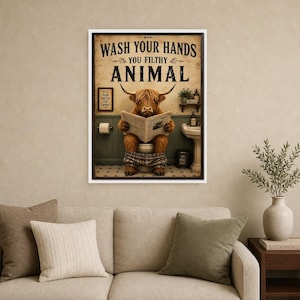 Funny Highland Cow Bathroom Wall Art Print | Wash Your Hands Poster | Vintage Farmhouse Bathroom Print image 9
