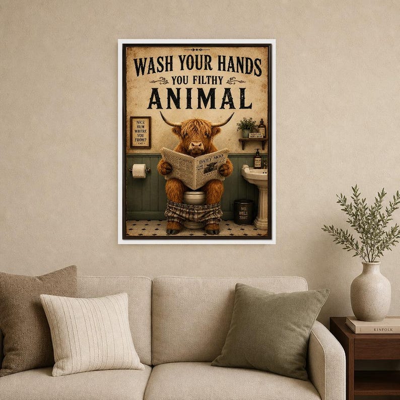 Funny Highland Cow Bathroom Wall Art Print | Wash Your Hands Poster | Vintage Farmhouse Bathroom Print image 9