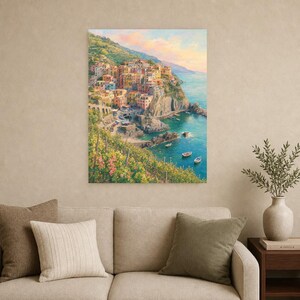 Reisposter Cinque Terre | Zachte schildering Italië Muurdecoratie | Kustprint van Manarola | Gedrukt en verzonden afbeelding 9