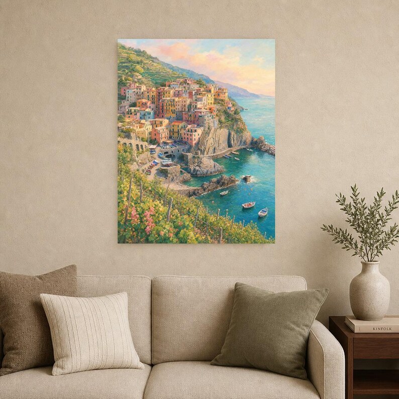 Reisposter Cinque Terre | Zachte schildering Italië Muurdecoratie | Kustprint van Manarola | Gedrukt en verzonden afbeelding 9