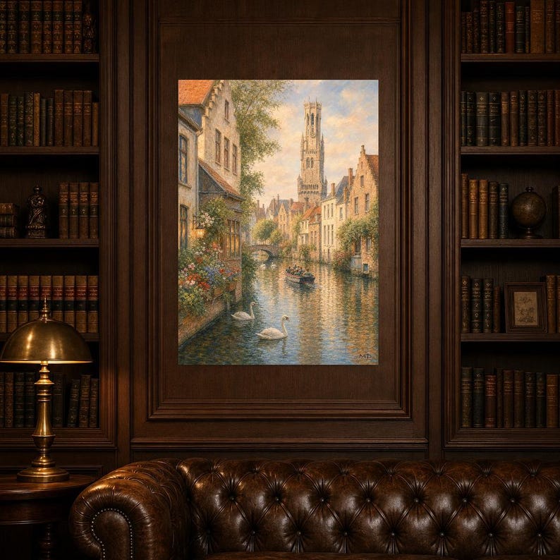 Bruges Travel Poster | Soft Painting Belgium Wall Art | Medieval Canal Cityscape Print | Printed & Shipped image 5