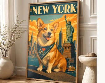 Your Dog in New York | Custom Pet Portrait From Photo | Personalized Dog Cat Travel Poster Gift | Vintage Wall Art