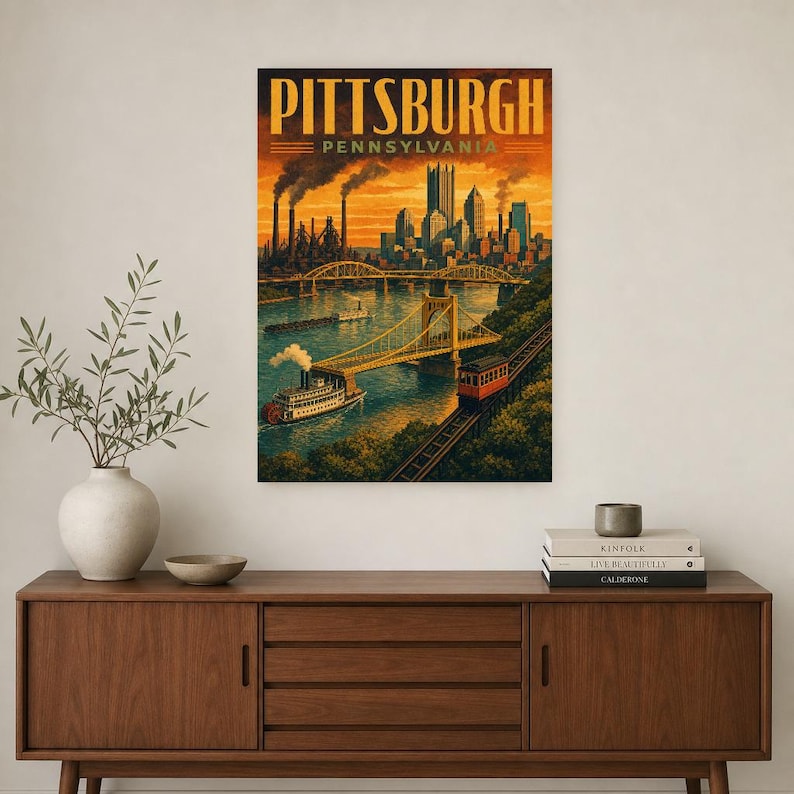 Pittsburgh Travel Poster | Vintage Three Rivers Bridges Print | Pennsylvania Wall Art Print | Mid Century City Decor image 2