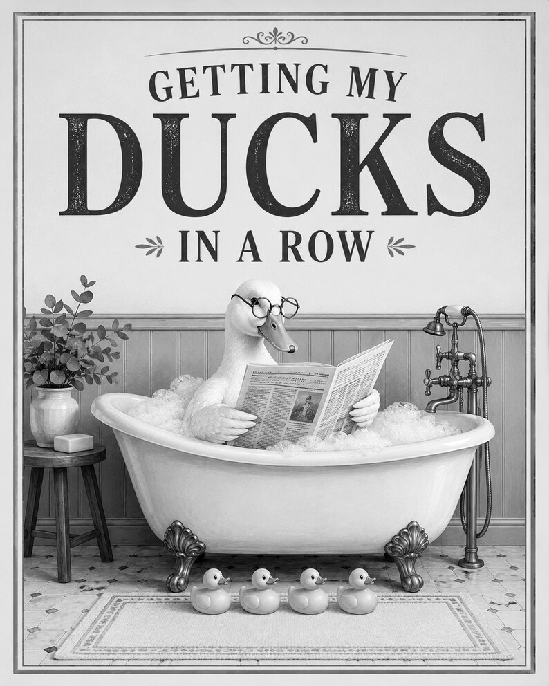 Funny Duck Bathroom Wall Art Print | Getting My Ducks In A Row Poster | Vintage Bathroom Wall Decor image 10