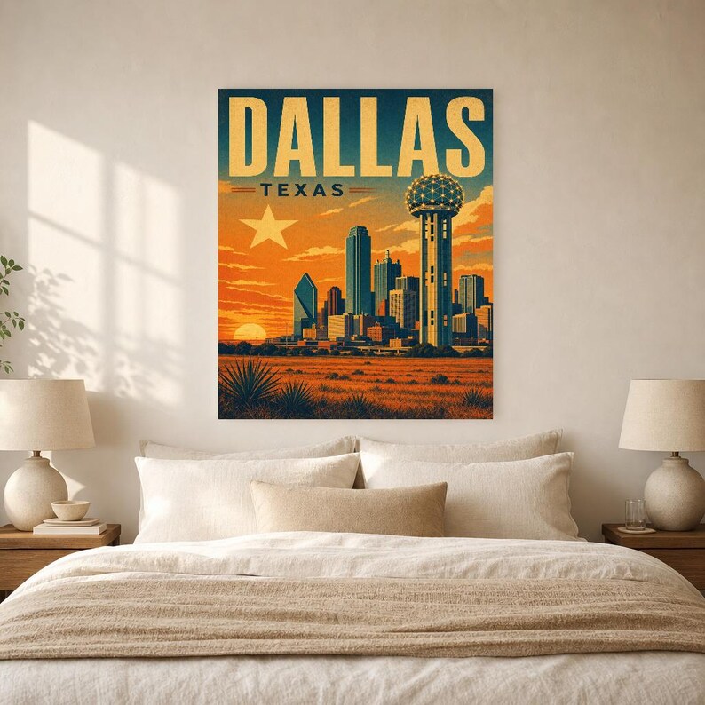 Dallas Travel Poster | Vintage Reunion Tower Skyline Print | Texas Wall Art Print | Mid Century City Decor image 5