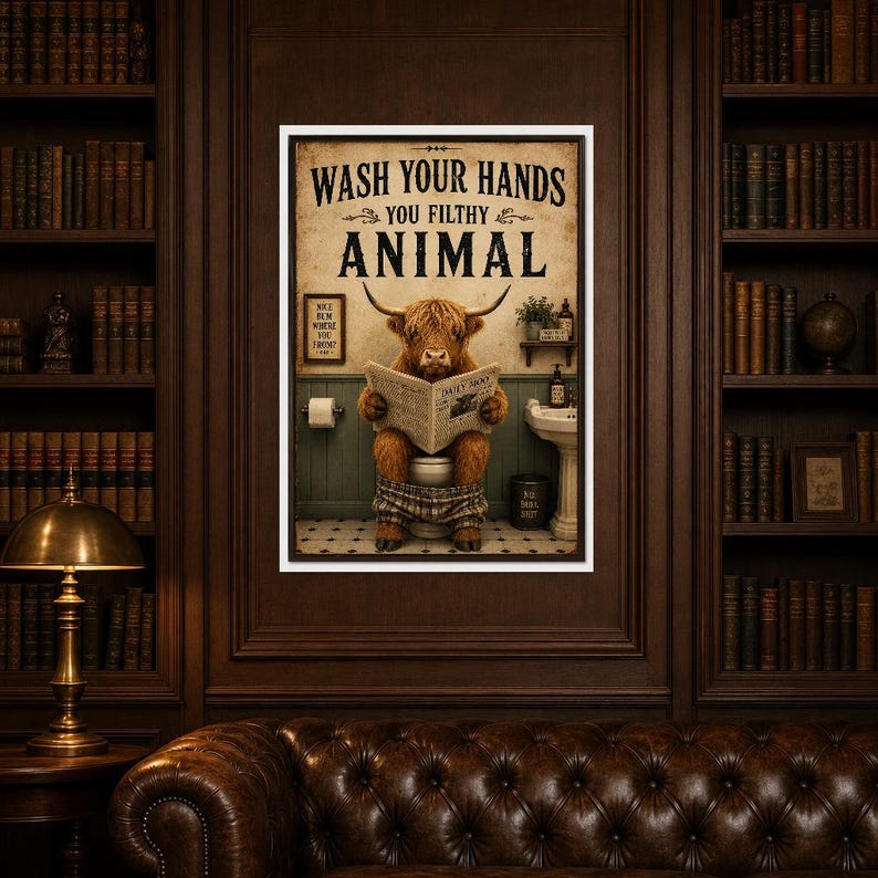 Funny Highland Cow Bathroom Wall Art Print | Wash Your Hands Poster | Vintage Farmhouse Bathroom Print image 5